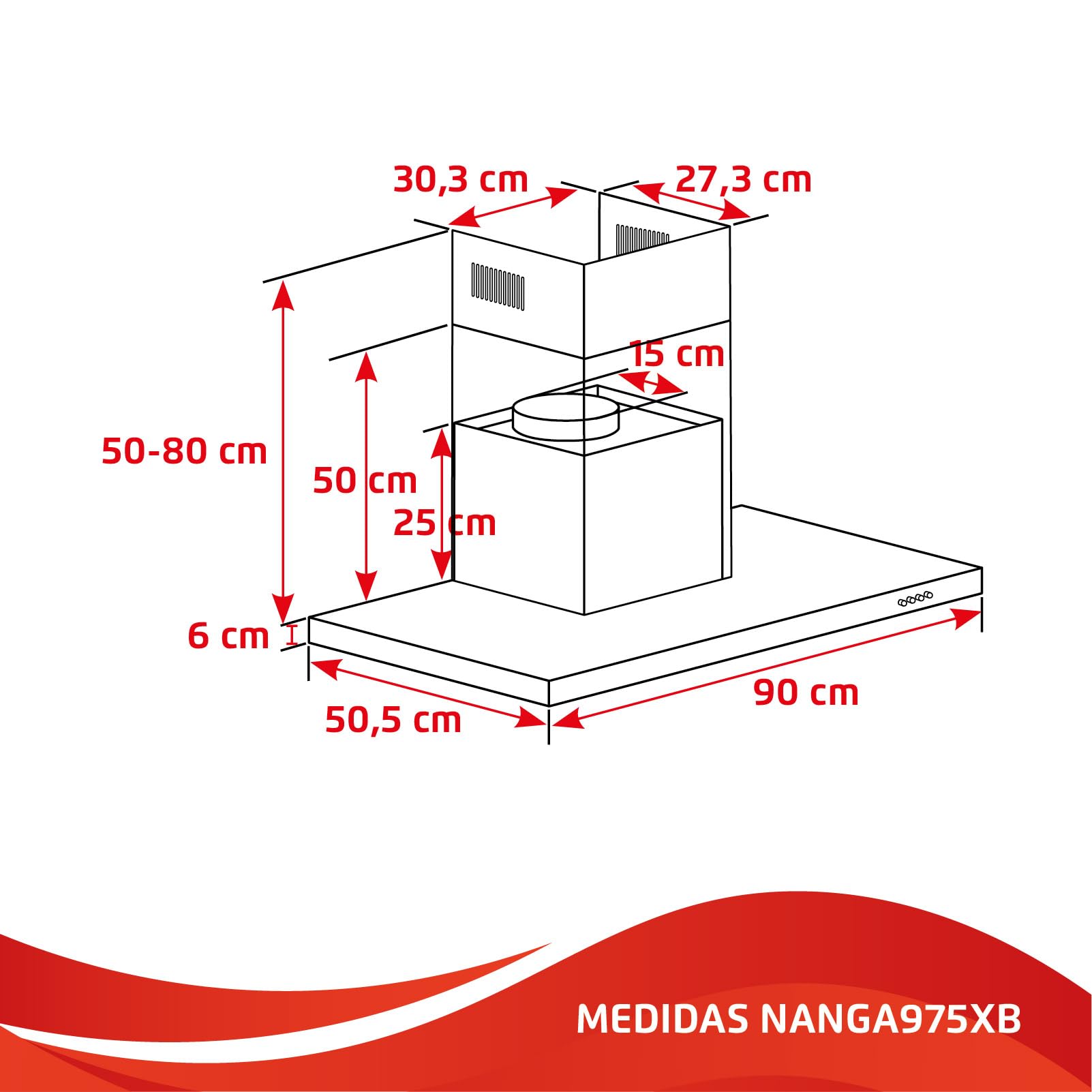 Ozdobny dzwonek poziomy | NANGA975XB | 90 cm | Przepływ 750 m3/h, 230W, 3 prędkości, 3-warstwowy filtr aluminiowy, filtr węglowy | energooszczędny A | czarny