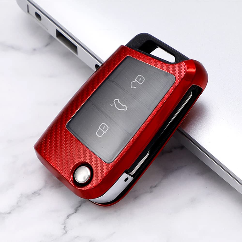 HIBEYO Car Key Case Flip Key Fits VW Key Box Soft TPU Protective Case Key Cover for Polo Golf 7 MK7 Skoda Superb Seat Leon Key Case Key Fob Carbon Fibre Red - Image 3