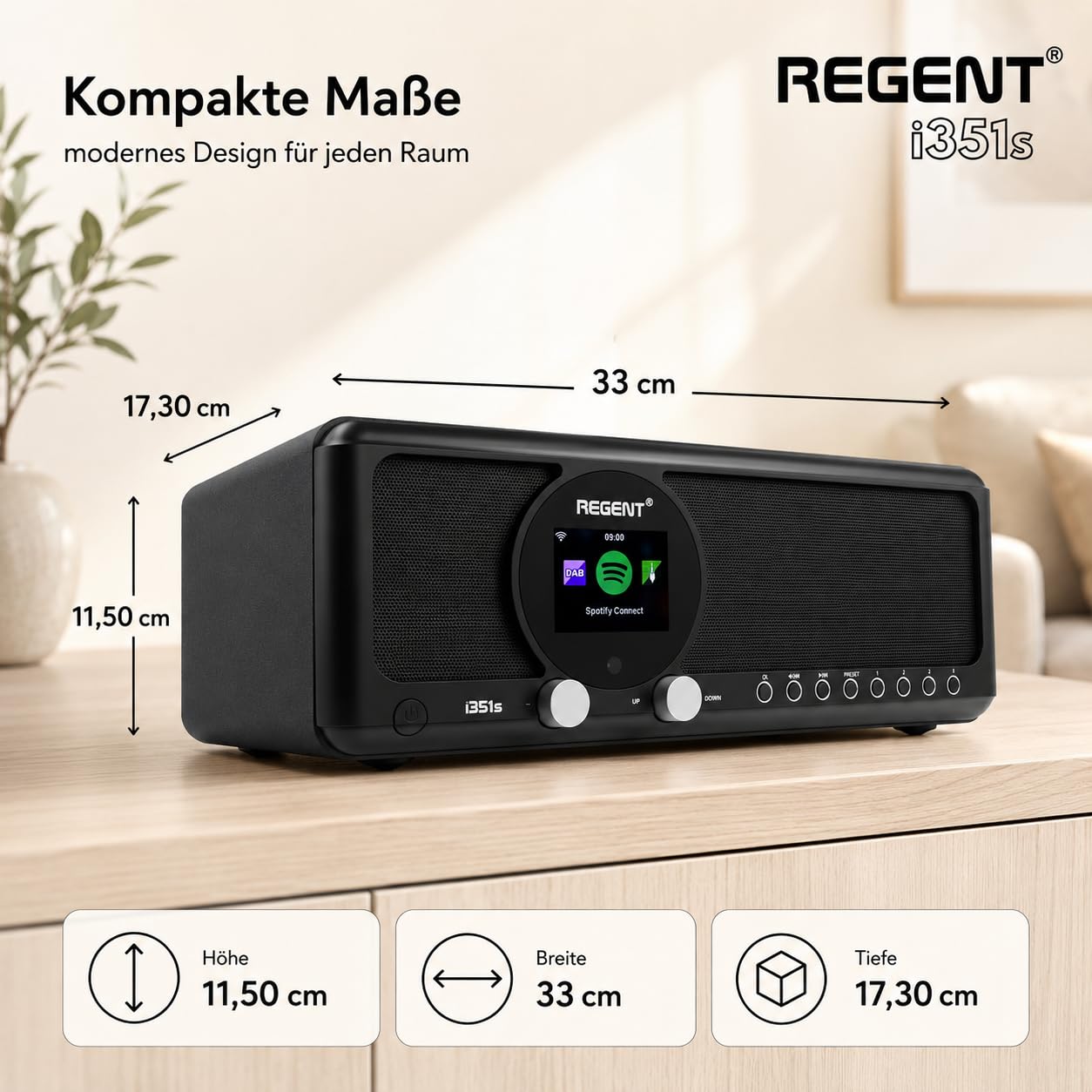 Ferguson Regent i351S – Internetradio WLAN, DAB+ Radio mit Bluetooth, Spotify Connect, Farbdisplay, Dual Alarm, Fernbedienungs-App, einzigartige Bluetooth-Sender Two Way BT (Schwarz)