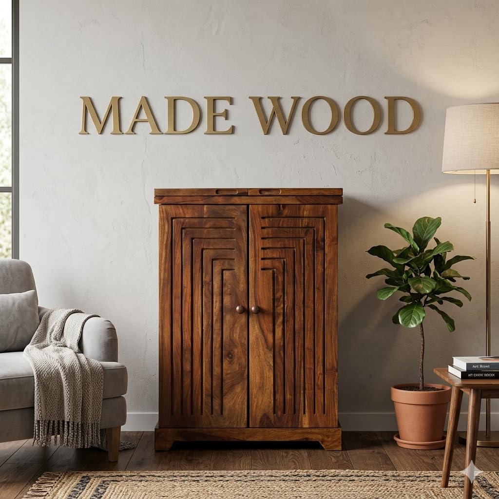 MADE WOOD Home Bar Furniture Wooden Bar Cabinet with Storage Bar Units with Door Bar Cabinet for Living Room Wine Rack with Drawer & Glass Holder Bear bar [Sheesham Wood Provincial Teak]-image-4