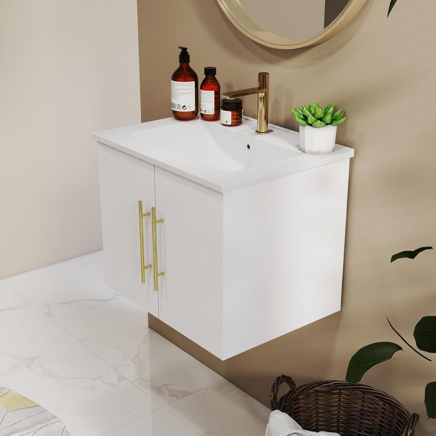 24-Inch Wall-Mounted Bathroom Vanity with Sink Combo,Double Doors,Soft Close Hinges, Ceramic Basin,Easy Assemble,Gold Metal Long Handle,Storage Space,Glossy White