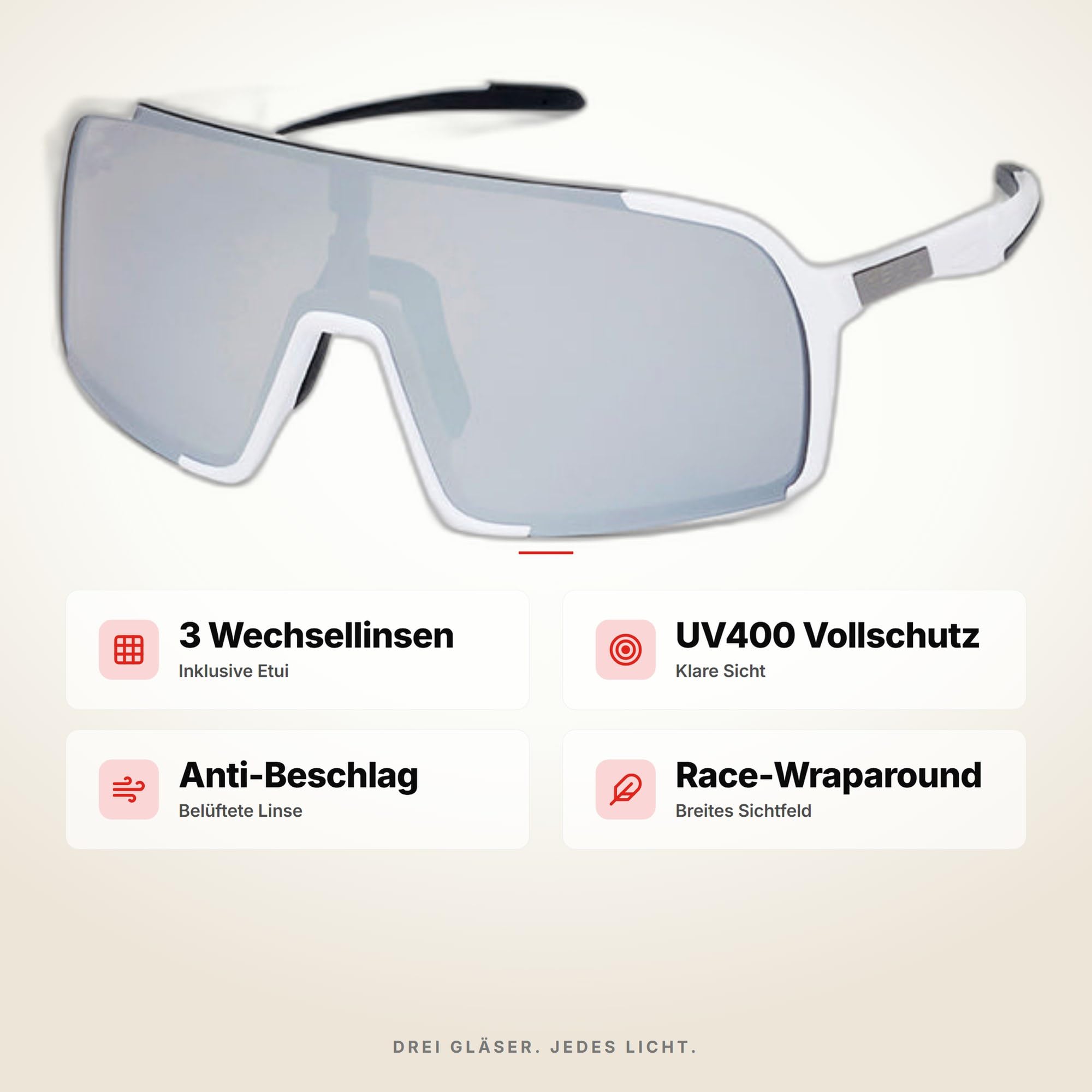 Enzo Sportbrille 3 Wechsellinsen Inklusive | UV-Schutz Wraparound | Cycling-Brille für Rennrad, MTB & Triathlon