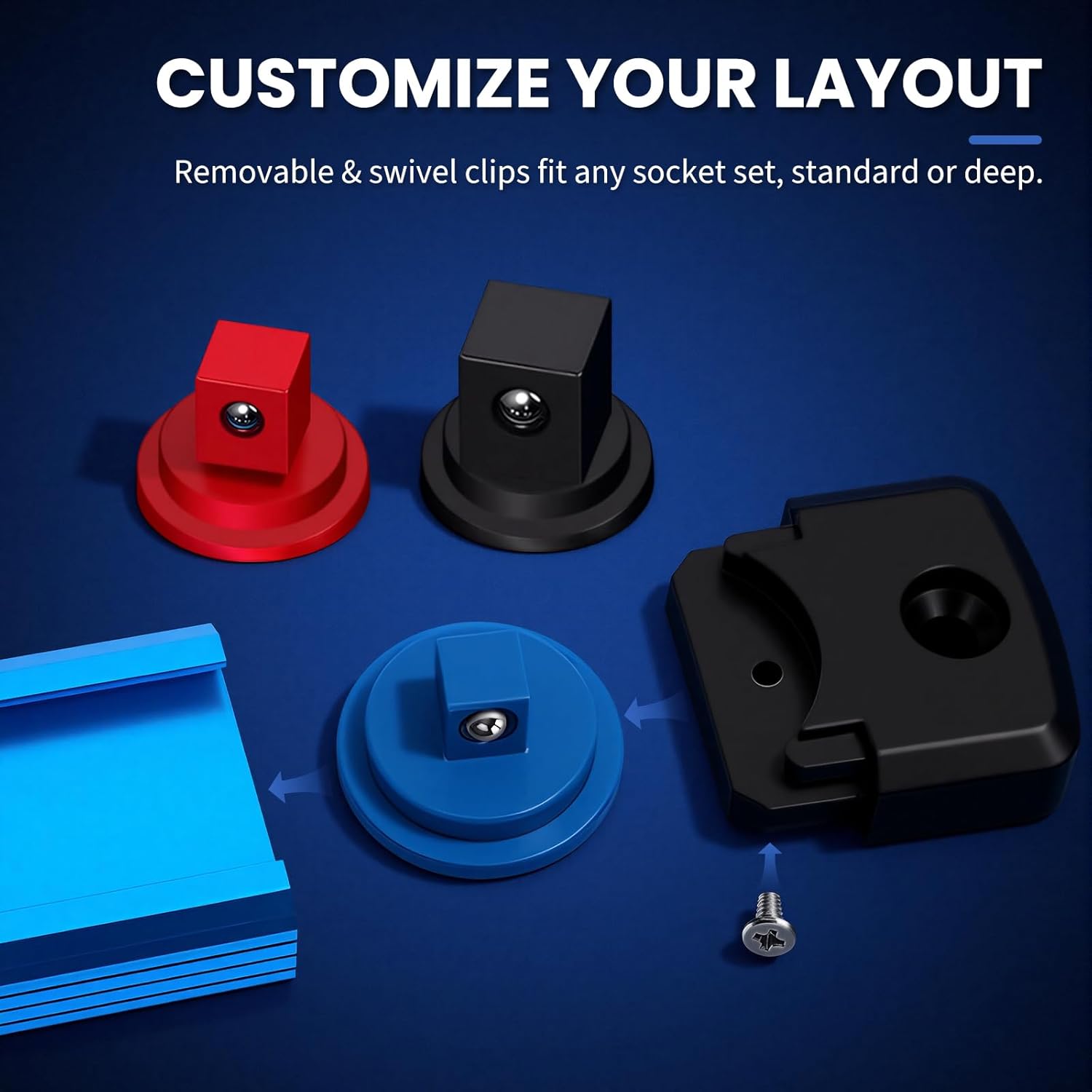 8PC Magnetic Socket Organizer Set, for 1/2″ 3/8″ 1/4″ Drive with 3 Black 3 Red 2 Blue Trays, 360° Swivel Removable Clips, Heavy Duty Aluminum Alloy Rail for Tool Box Drawer