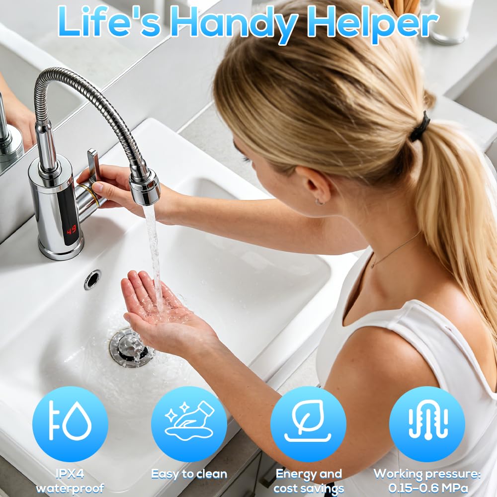 Wasserhahn mit Durchlauferhitzer, 360° Drehbarer LED Elektrische Küchenarmatur mit Durchlauferhitzer, 220V 3000W Heißwasserhahn für Küche Bad Garten Wohwagen