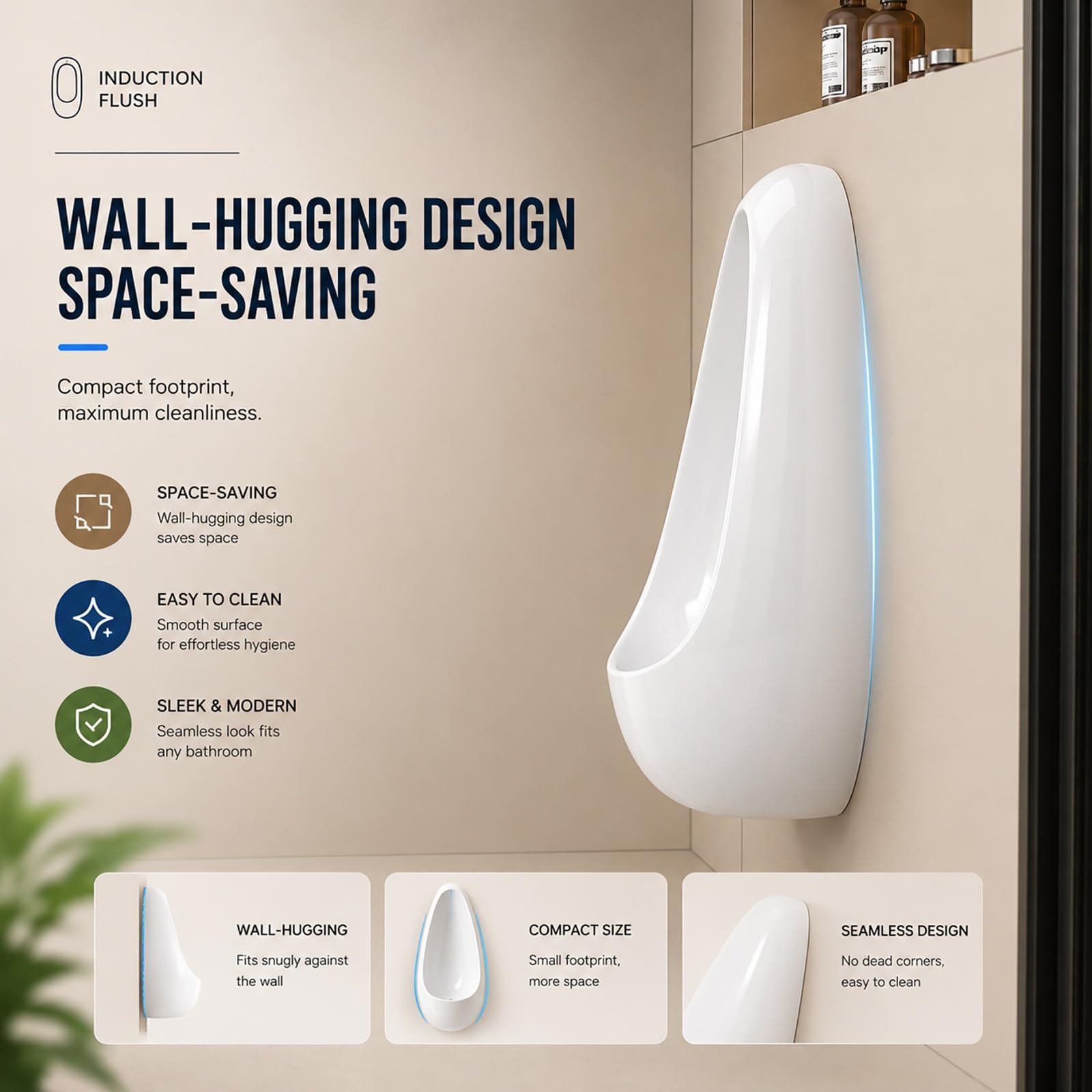 Urinoir mural en céramique pour homme, chasse d'eau automatique avec capteur, luminaire de salle de bain commercial pour hôtel, garage, bar et toilettes publiques