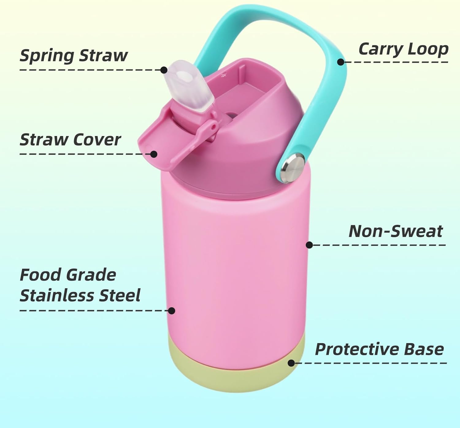 Insulated Water Bottle with Straw Lid,12 oz Stainless Steel Vacuum Metal Bottle with Silicone Handle,Rose Pink - Image 4