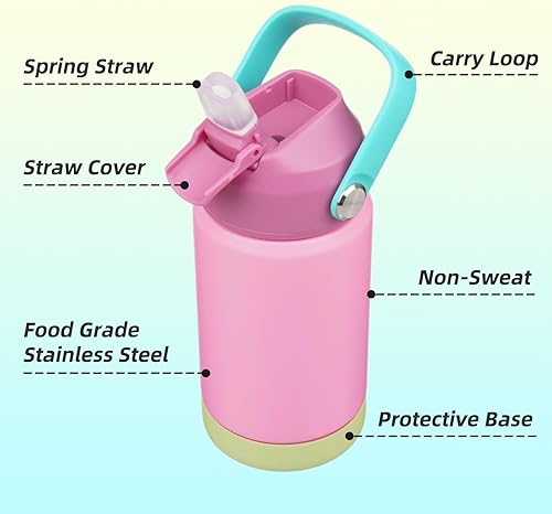 Miniatura 4 de Botella de agua aislada con tapa con pajilla, botella de metal al vacío de acero inoxidable de 12 onzas con mango de silicona, rosa