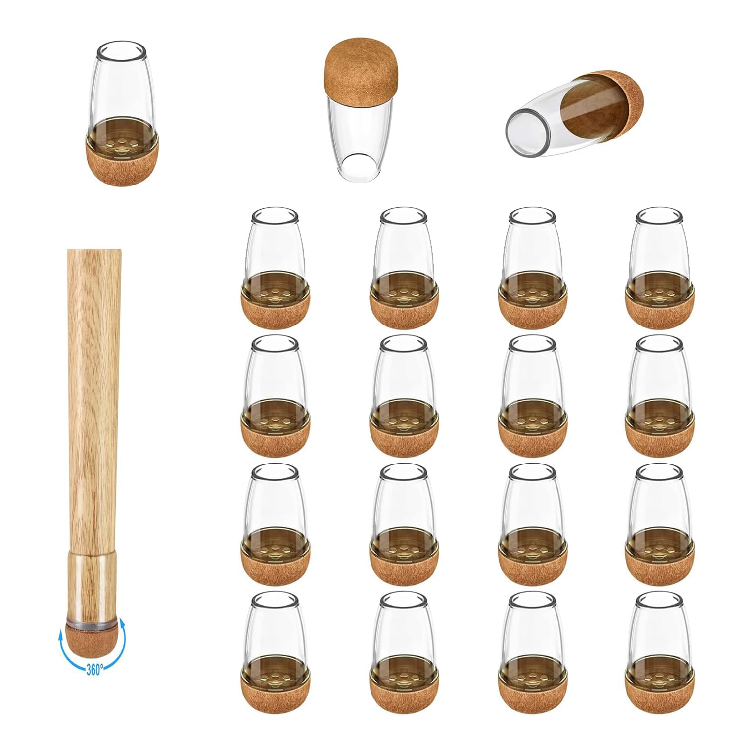 16 Pack Chair Leg Floor Protectors for Hardwood Floors, Round Rubber Furniture Sliders, 360°Felt Pad Bottom Wrapped Thickening Silicone Furniture Legs Caps Covers(Round,Clear-Brown-S)