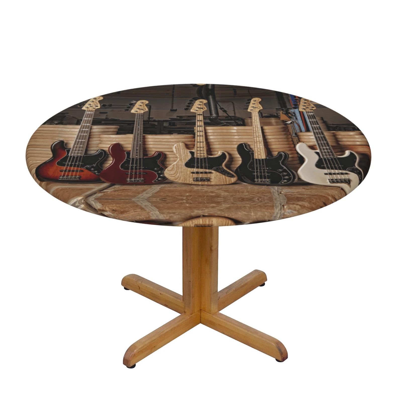 ESNAIUVCD Guitar Bass Music Musical Instruments print Waterproof Round Tablecloth,Outdoor Table Cloth with Elastic Edged, Elastic Tablecloth Wipeable, Garden Table Cloth Suitable for sizes 90cm-140cm