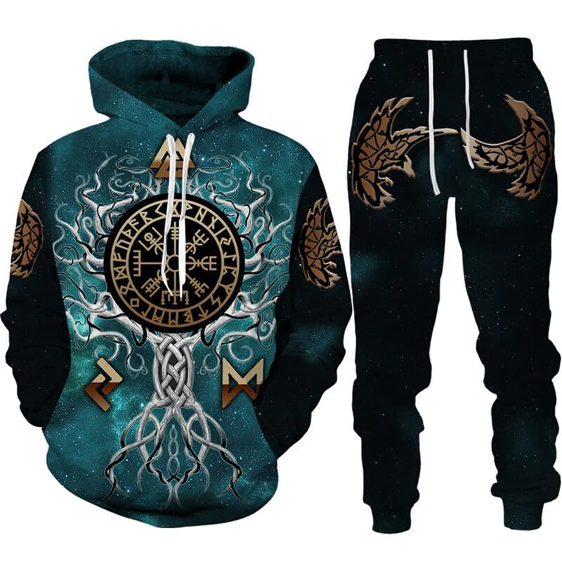 oneforus Herren Trainingsanzug Casual Odin Wikinger 3D-Drucken Hoodie Hose 2 Stück Set Pullover Sweatshirt Sportbekleidung Herrenbekleidung Anzug