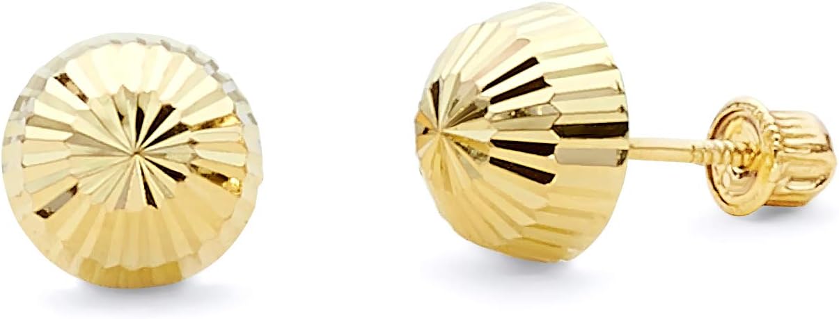 14k Yellow Gold Half Ball Diamond Cut Stud Earrings with Screw Back - 6 Different Size Available