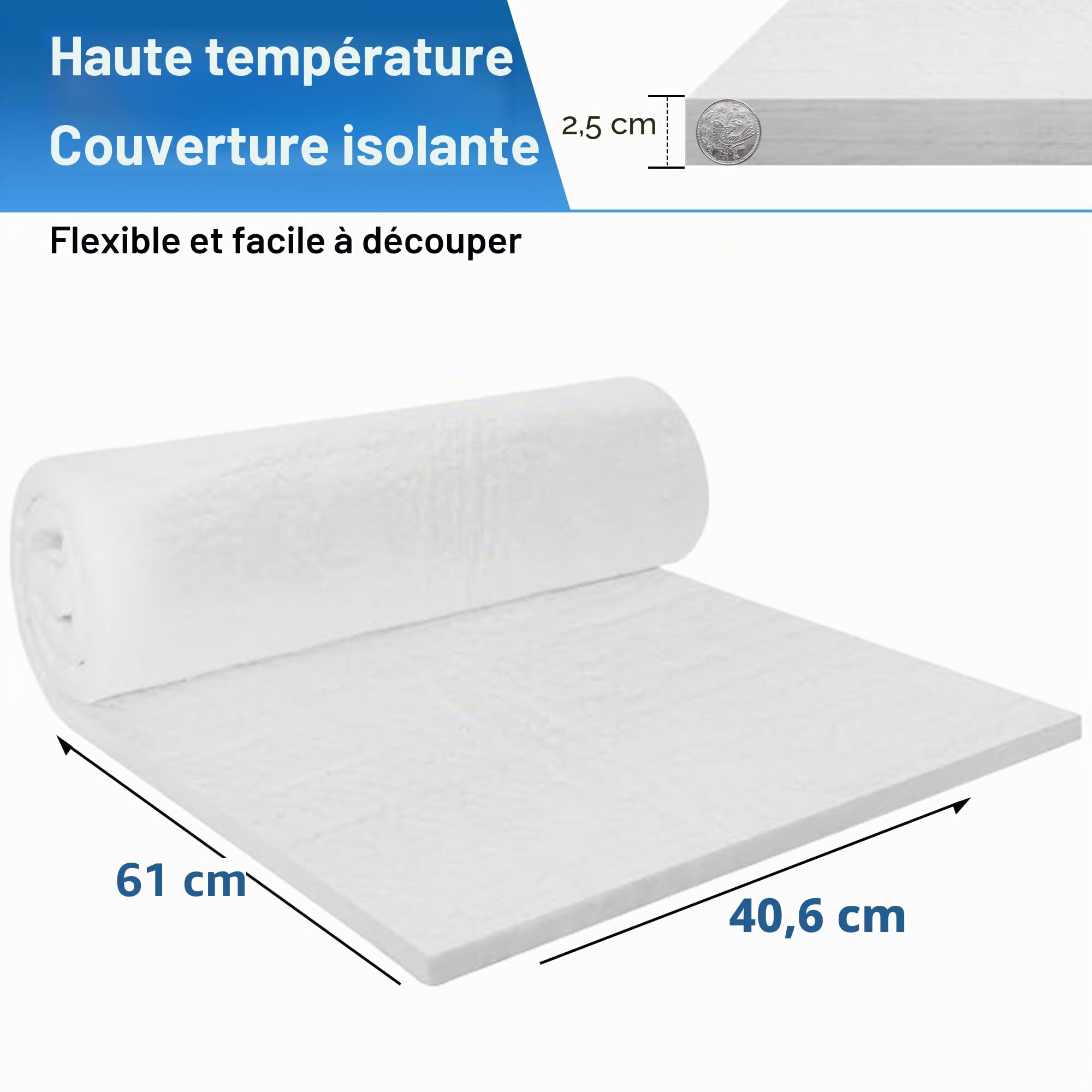Nelyrho Couverture isolante en fibre de céramique de 61 x 40,6 x 2,5 cm, ignifuge et résistante à la chaleur jusqu'à 1 482,2 °C, idéale pour les plaques de poêle à bois, les cheminées, les fours, les