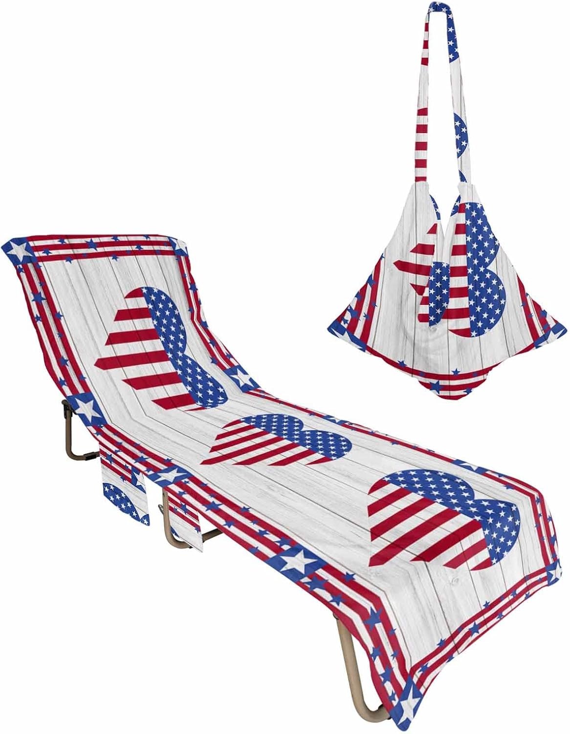 Patriotic Love Flag Beach Pool Patio Lounge Chaise Chair Cover Towel With Pockets,Absorbent & Quick Dry Microfiber Towel Cover Bag Summer Accessories for Sunbathing Farmhouse Independence Day Red Blue