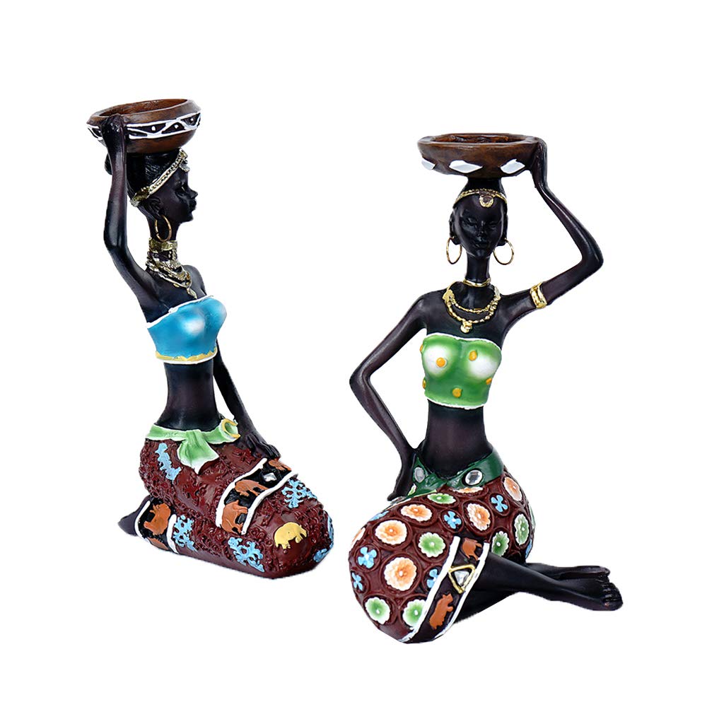 HYFAN estatua de estilo africano negro mujer candelabro decoración vintage escultura regalos retro figuras hechas a mano adornos para el hogar mesa de comedor ( paquete de 2 )