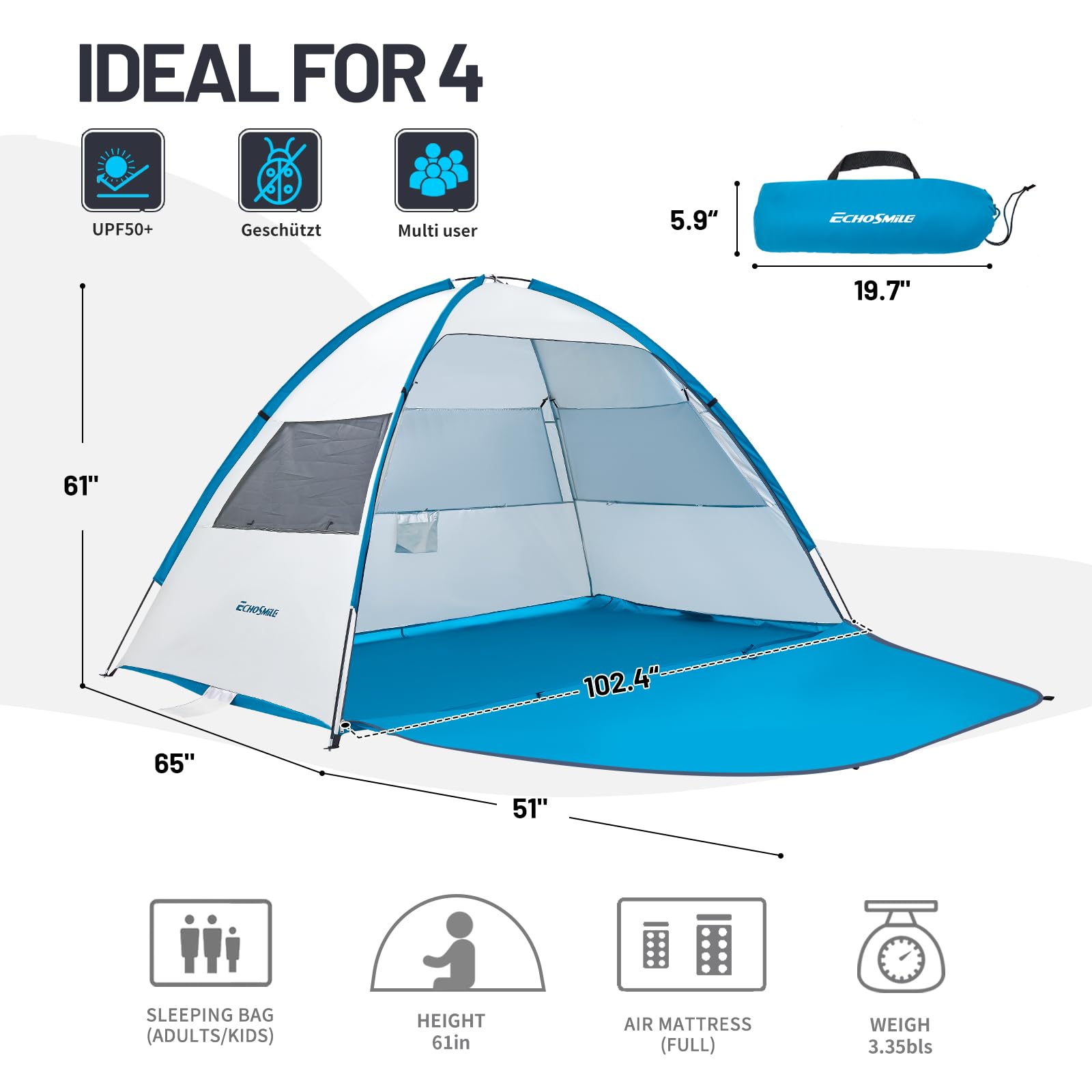 EchoSmile UPF 50+ Beach Tent Sun Shelter for 3/4 Person, Portable Beach Cabana Tent