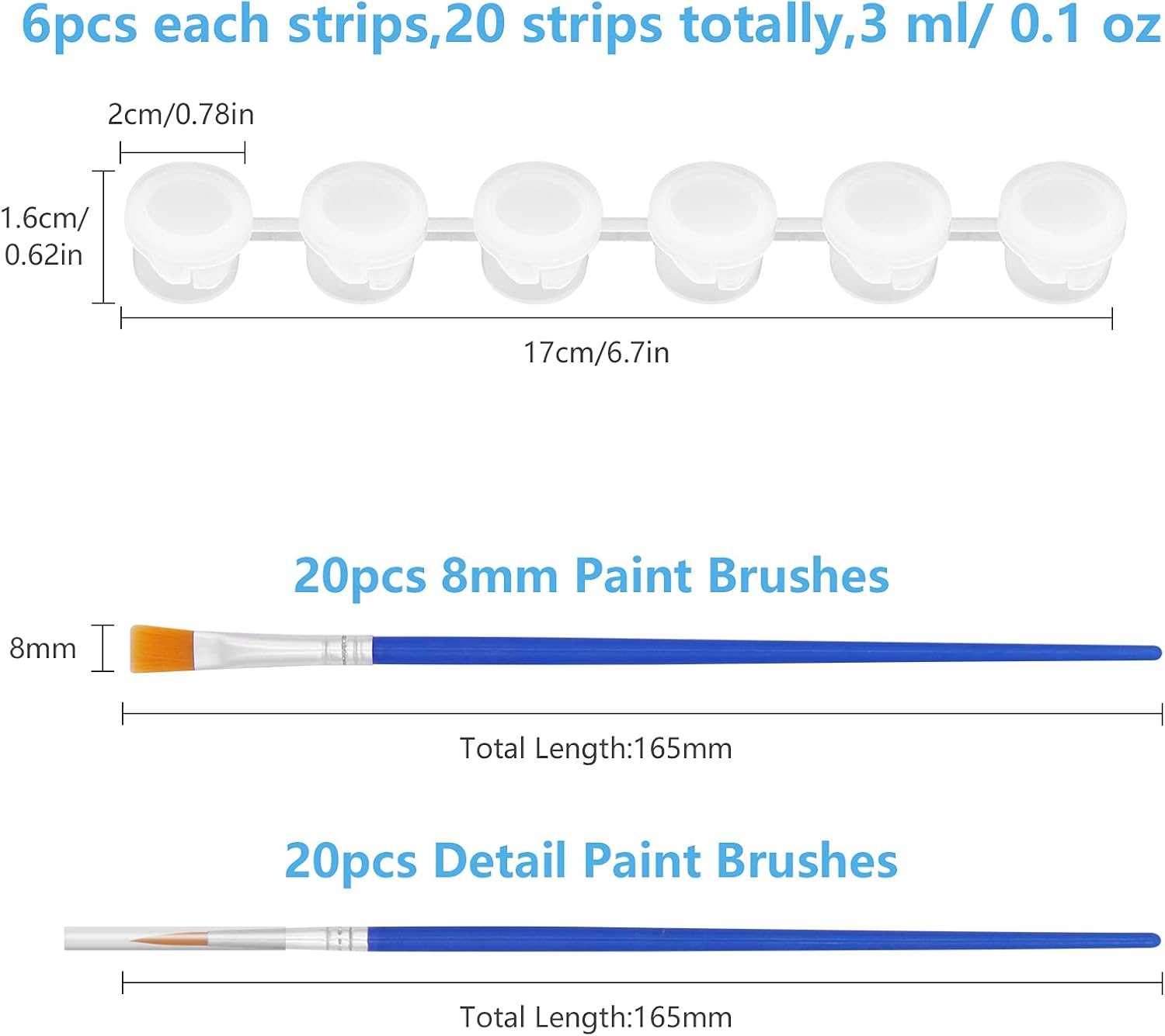 20 Strips 120 Pots Empty Paint Pots Strips With Lid Mini Clear Storage Containers and 40 Pieces Paint Brushes Painting Arts Crafts Supplies for Classrooms Schools Paintings Art Festivals(3 ml/ 0.1 oz) - Image 2