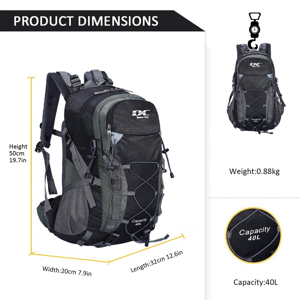 Mochila ultraligera, impermeable, ideal para senderismo, escalada, actividades en exteriores, viaje a bicicleta, montar a caballo y viajar, capacidad: 40 l, diseño Diamond Candy, color negro, tamaño Talla única | Gran capacidad, camping y viajes, parte tr