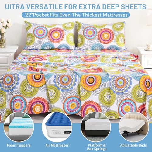 Bedlifes Queen Size Extra Deep Pocket Sheet Sets - Fits Mattresses Up to 18-24" Thick, 4-Piece Microfiber Set with 1800 Thread Count, Soft, Smooth, Breathable, Featuring Mandala Patterned