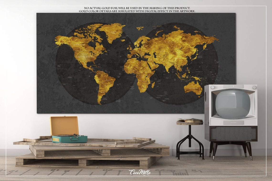 World Map CANVAS Print Extra Large World Art Push Pin Travel Map Rustic Gold Effect World Map Antiques Map Wanderlust Pushpin Trawel-1235