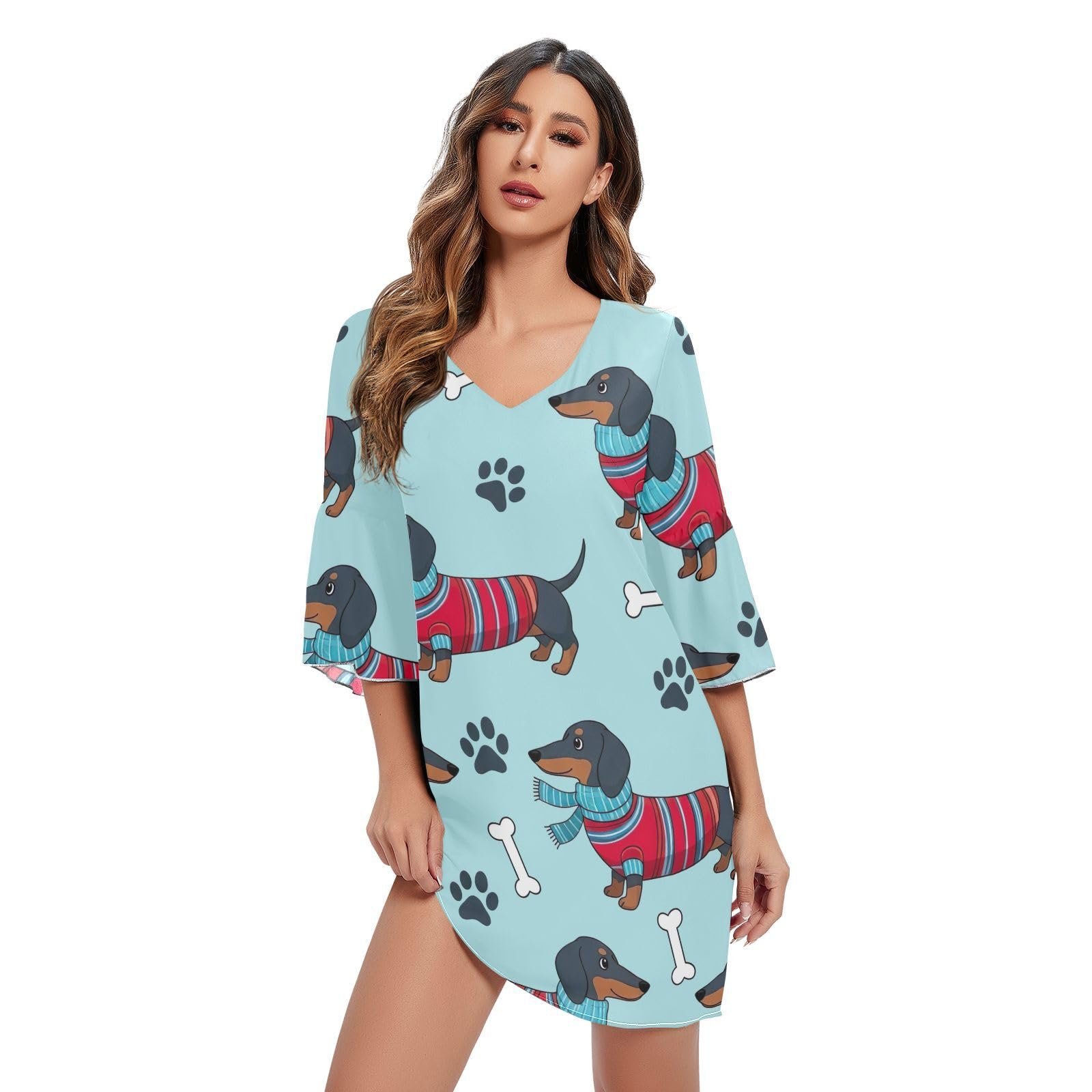 Robe de plage imprimée teckel bleu avec col en V élégant - 7