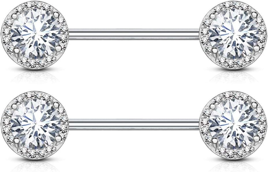 Forbidden Body Jewelry Fancy CZ Halo Frame Surgical Steel Nipple Barbells Set