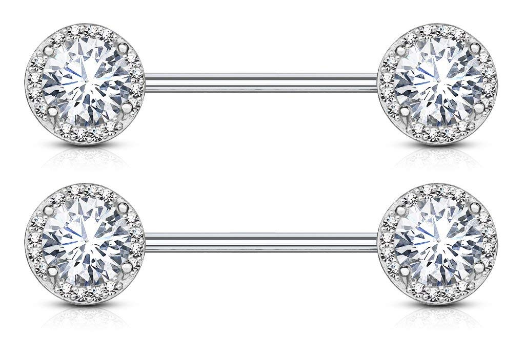 Forbidden Body Jewelry Fancy CZ Halo Frame Surgical Steel Nipple Barbells Set