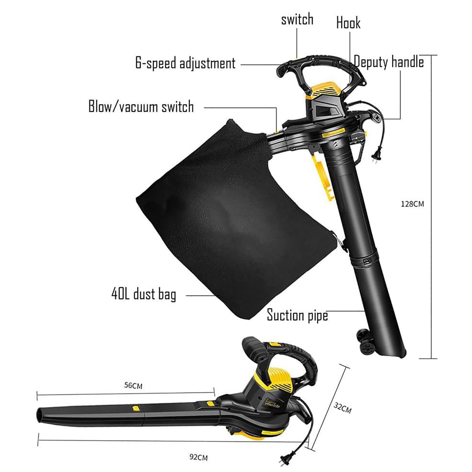 Soplador eléctrico de hojas de 3800 W, soplador de hojas con cable y triturador de hojas con bolsa de colección de 40 L, relación de trituración 16:1, para soplar hojas, astillas, polvo, escombros