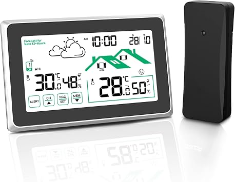 Weather Station, Indoor and Outdoor Weather Stations, Domestic Weather Stations Digital Indoor and Outdoor Thermometer Forecast Weather Station with Sensor, White Color Black