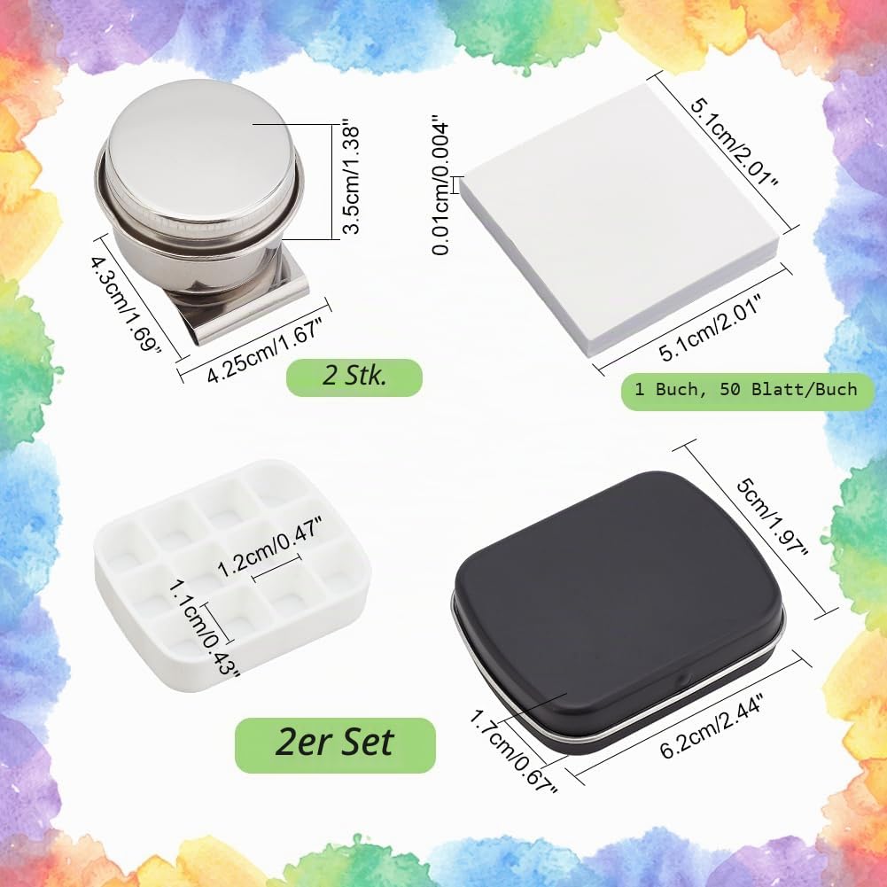 PH PandaHall tragbare Mini Blechdose mit 12 Well Aquarellpalette, Farbmischtablett, Farbaufbewahrungsbox, Reisekünstler, Outdoor Skizzenpaletten Kits mit Öltopf und Malpapier
