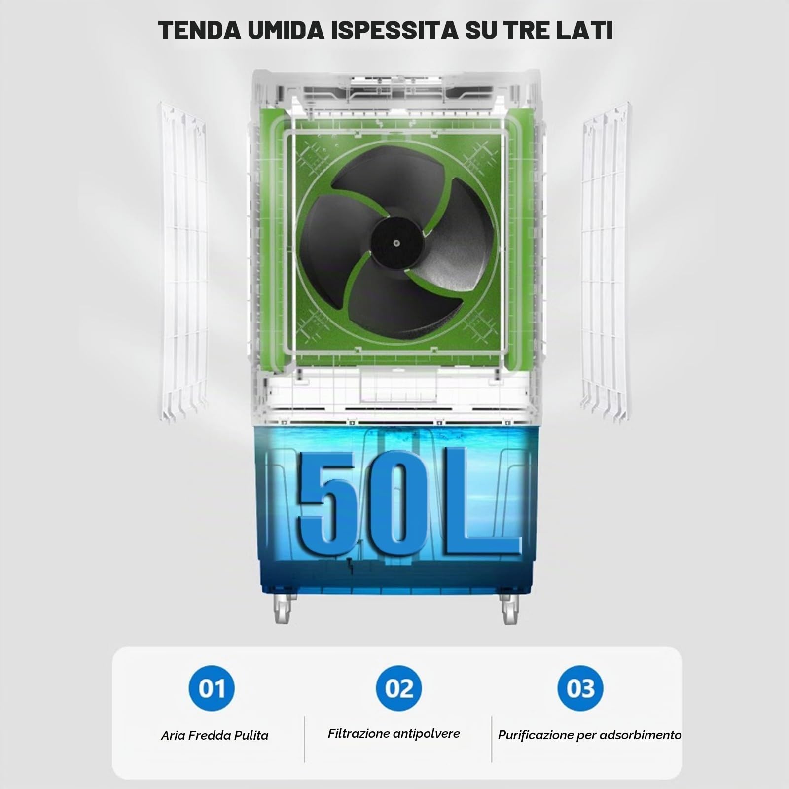 Raffrescatore ad Acqua Di Grandi Tanica da 50 Litri, Raffrescatore Evaporativo con Funzione Umidificatore, 3 Impostazioni di Velocità, Oscillazione, Timer 7.5H, Telecomando, per Ambienti Fino a 60 M²