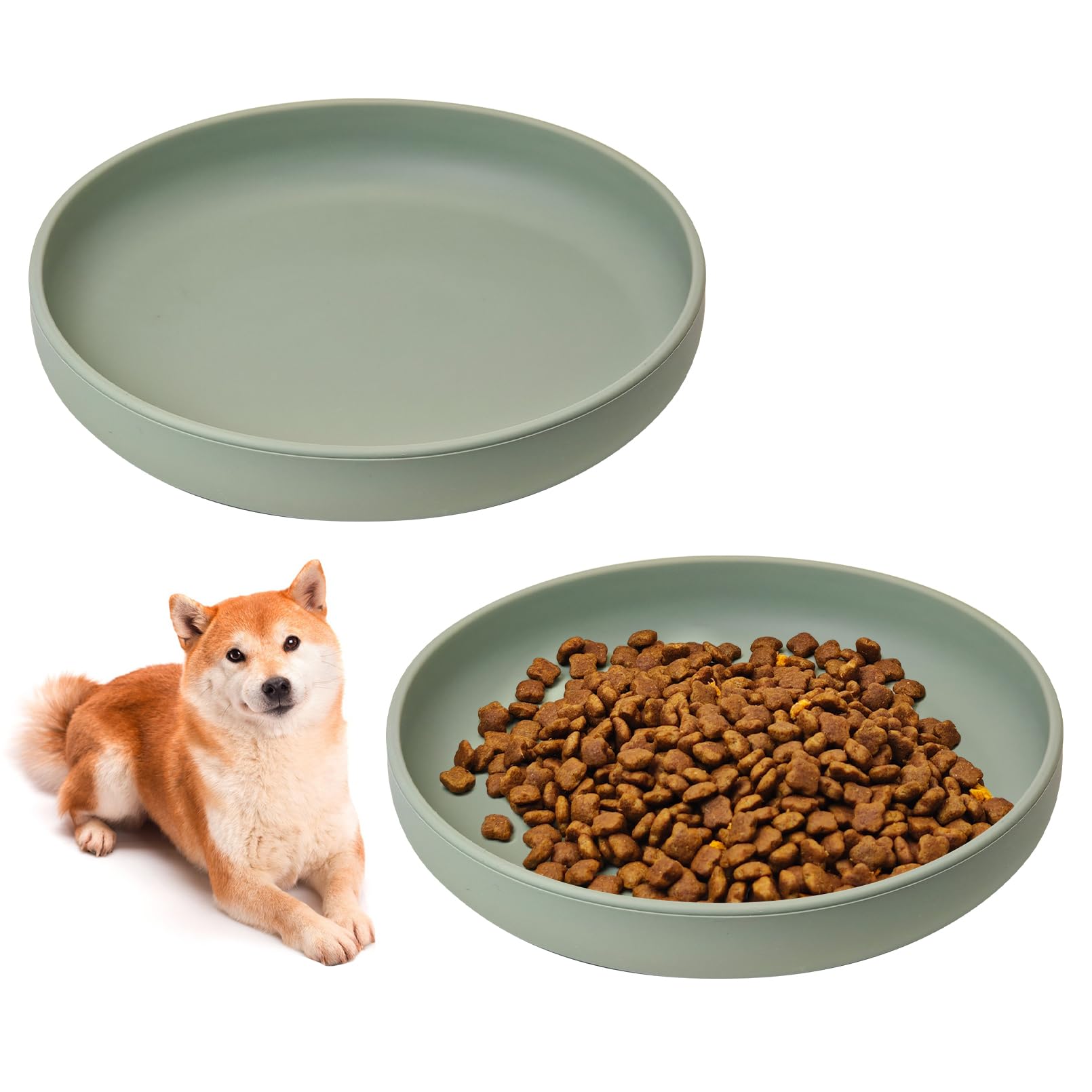 BNOSDM Silicone Dog Bowl Non-Slip Cat Food Plate 2 Pcs Flat Dog Bowls with Suction Cup Shallow Puppy Food and Water Dish for Small and Medium Pets (Gray Green)