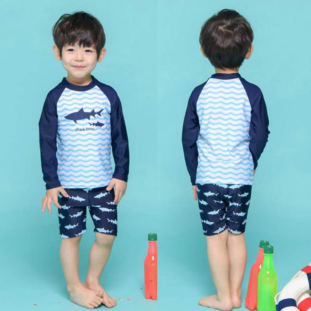 Garçons Maillots de Bain 2 Pièces T-Shirt Manches Longues + Short de Bain avec Bonnet Costume de Natation Anti-UV 2-10 Ans (9-10 Ans, Bleu-A)