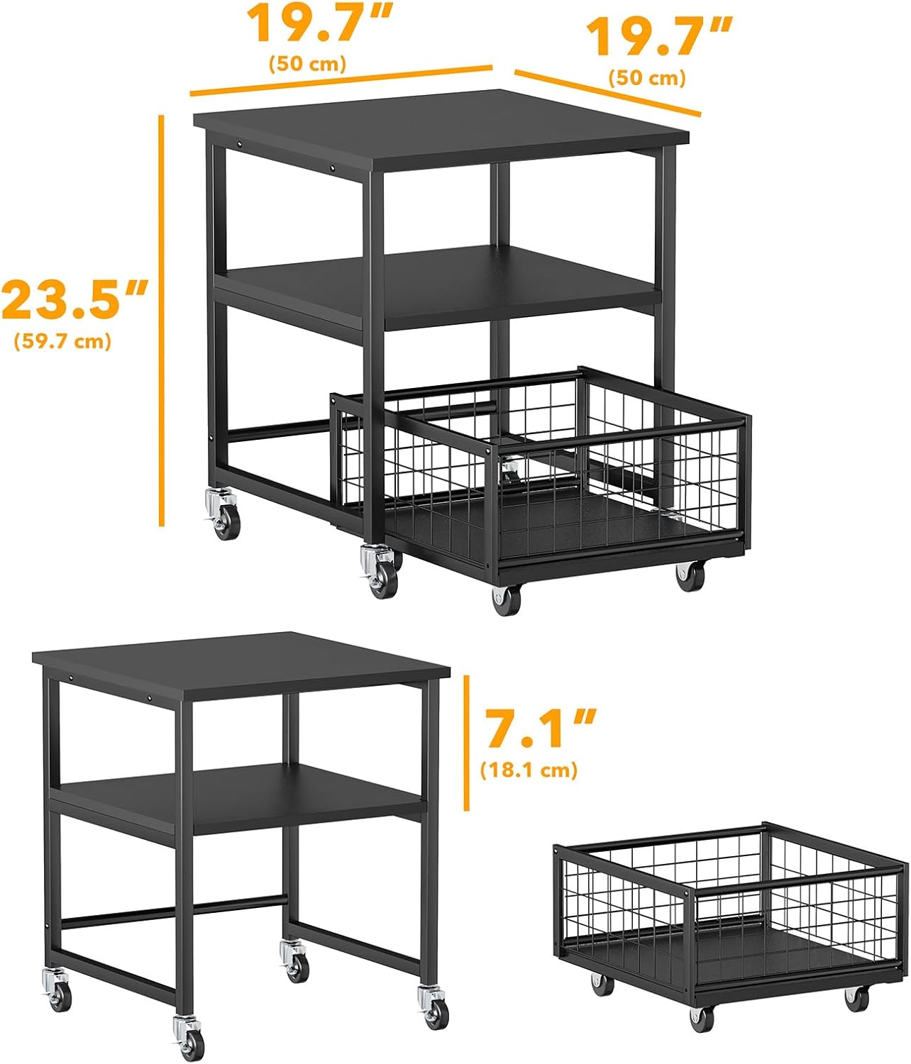 SpaceAid 3 Tier Mini Fridge Stand with Storage and Wheels, Heavy Duty 19.7x19.7in Mobile Refrigerator Shelf Stand Table, Fridge Cart Organizer with Drawer Basket for Home Dorm Office (Black)