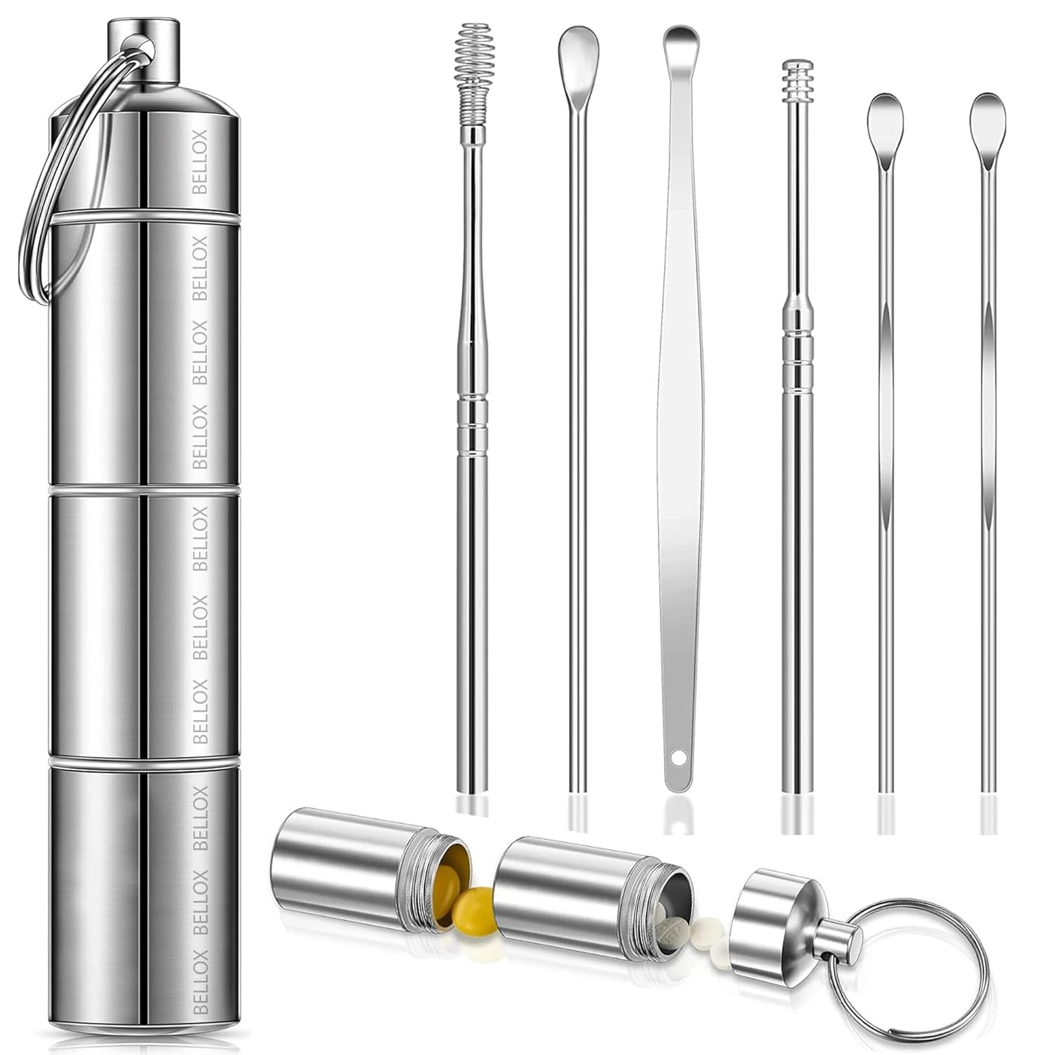 6-in-1 Ear Wax Cleaner - Resuable Ear Cleaning Tools with Aluminum Tube - Ear Pick Wax Remover Tool Kit with Ear Curette Cleaner and Spring Ear Buds Cleaner Fit in Pocket Great for Traveling