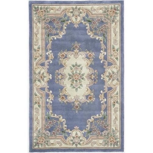 THE RUG ROOM Premium Hand Tufted Aubusson Design, Luxury Wool Crafted Non- Slip Bedroom Rug, Dining Room, Hallway Entryway Carpet, Woolen for Accent (Skye Blue, 6X9 feet)