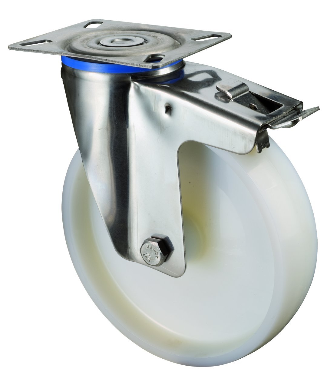 BS ruedas acero inoxidable de ruedas con tope, atornillable, rueda de plástico, 150 mm, h120.a90.150