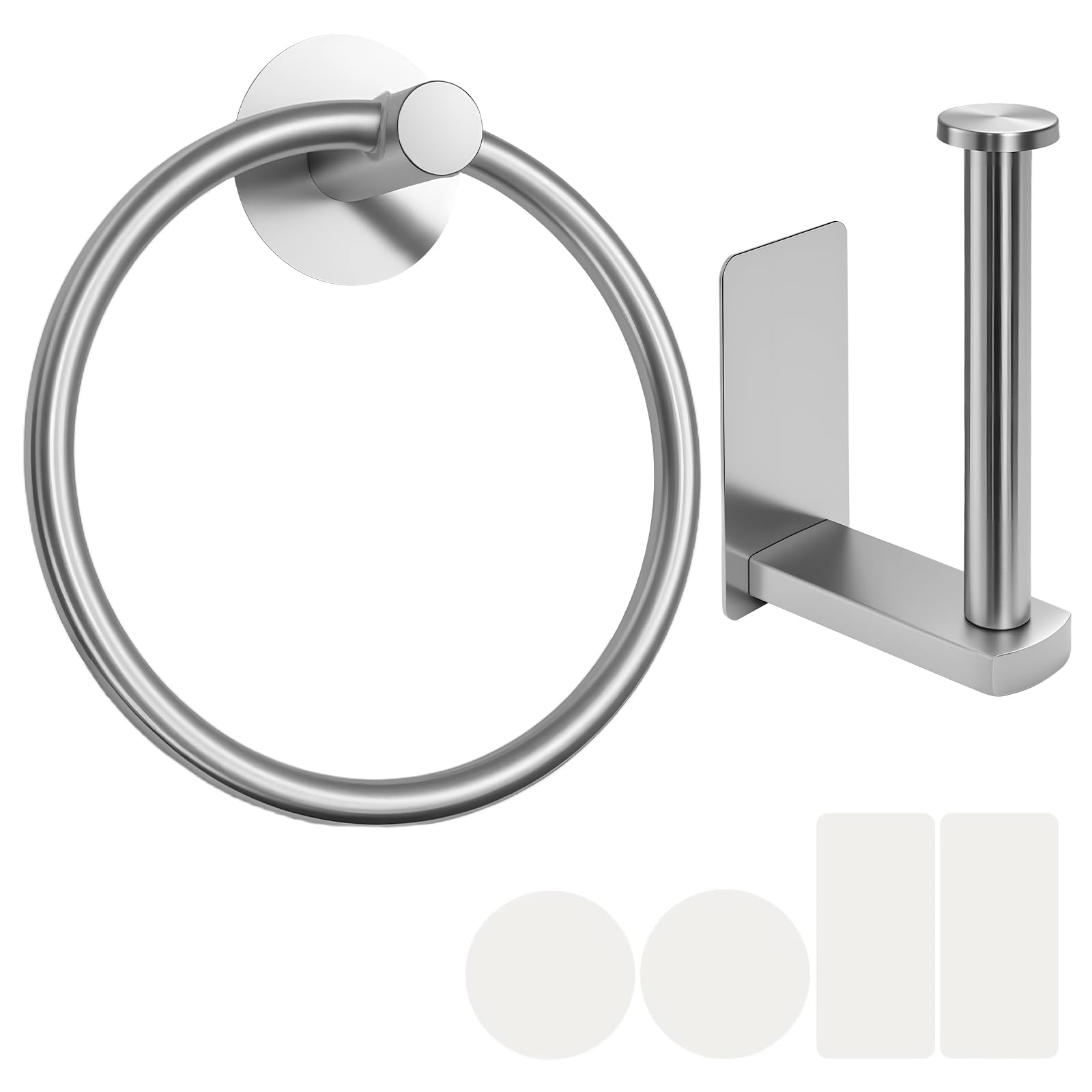 BREEZENEST oilet Paper Holder & Hand Towel Ring Set for Bathroom 304 Stainless Steel, Matte Black Finish, No Drilling Easy Stick-On Installation, Bathroom Hardware (Silver)