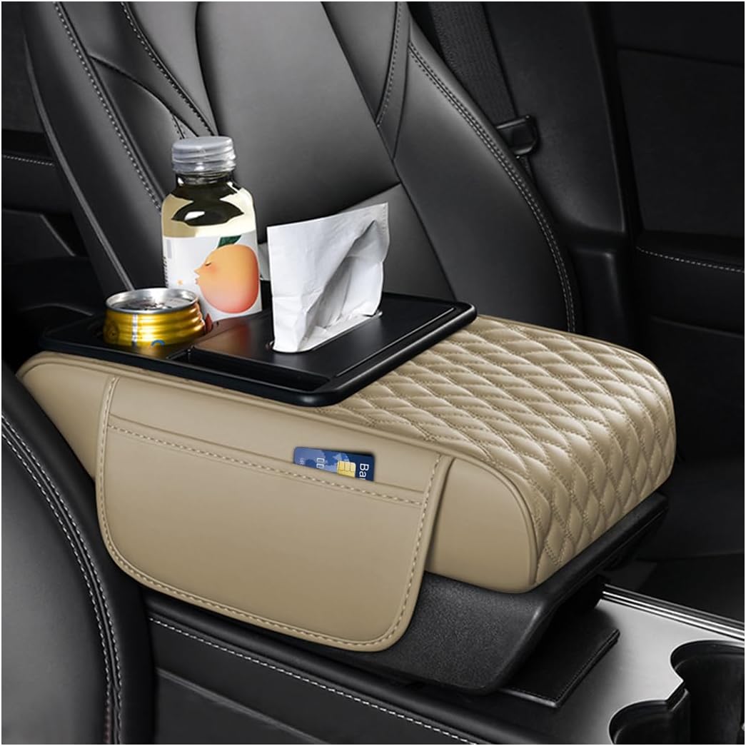 HZEL 5-in-1 Car Center Console Cover, Multifunctional Vehicle Armrest Box Mat with 2 Storage Bags Tissue Box Cup Holder Phone Slot, Automotive Interior Arm Rest Cover, Universal Fit (Pink)