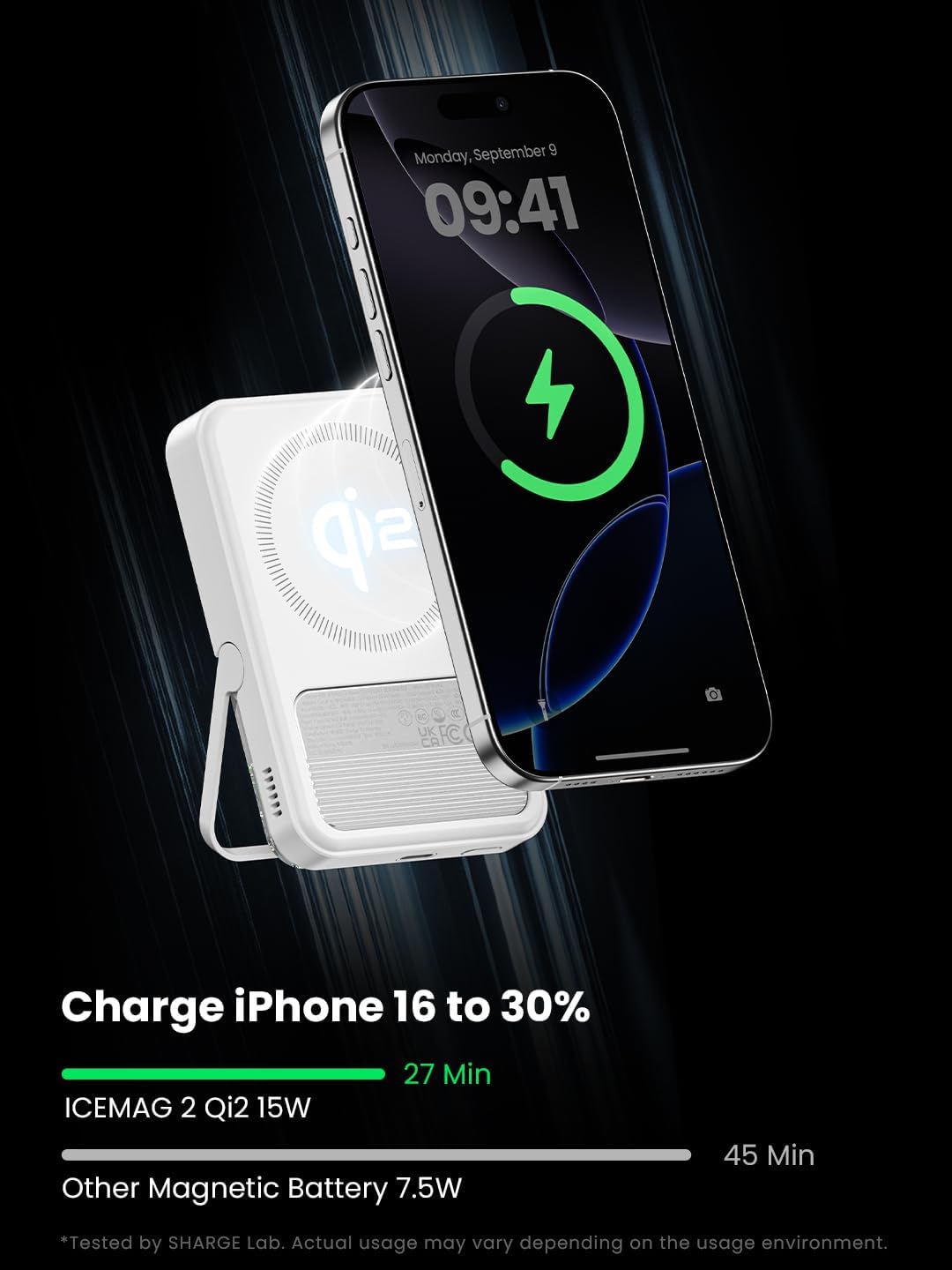 ICEMAG 2 charging an iPhone wirelessly, showing a comparison of charging times.
