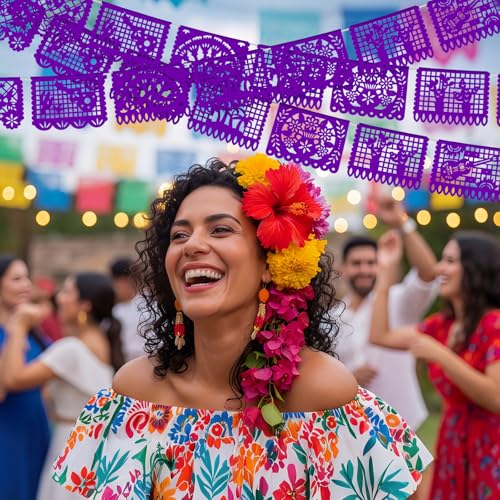 Image of VitalCozy 4 Pack 59 ft Mexican Papel Picado Banner Plastic Mexican Talavera Party Fiesta Banner Wedding Hanging Decorations for Cinco De Mayo Cielito Lindo Party Supplies(Purple)