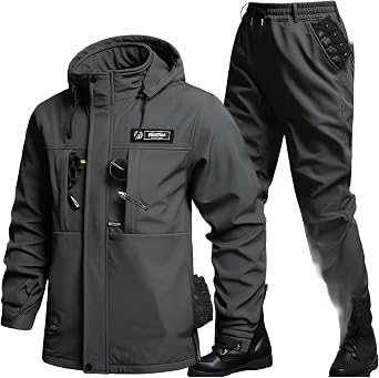 Mens Outdoor Jacket, Top and Bottom Set, Cold Protection, Waterproof, Thick, Fleece Lined, Hiking Jacket, Hooded, Reflective, Large Capacity Pockets, Ski Wear, Mountain Parka, Trekking Pants, Work