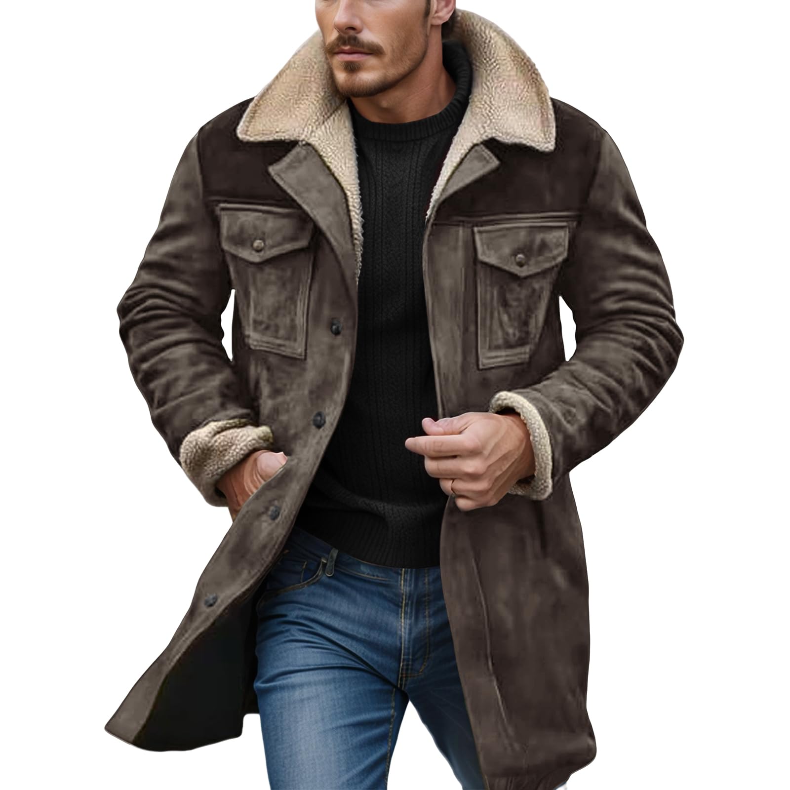 Abrigos de invierno para hombre, estilo vintage, de gamuza, de cordero, forro polar, chaqueta larga, abrigo, abrigo, informal, grueso