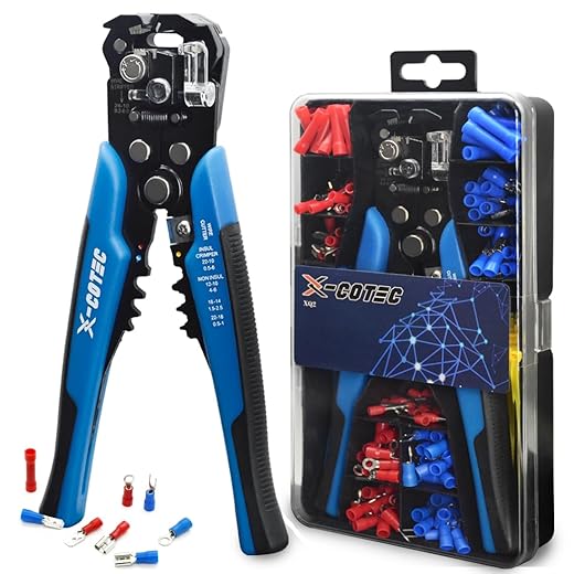 X-COTEC Wire Stripper Automatic with 260PCS Terminals, 3-in-1 Cable Stripper, Wire Strippers, Terminal Crimper, Professional Electrician Wire Stripping Pliers Self Adjusting