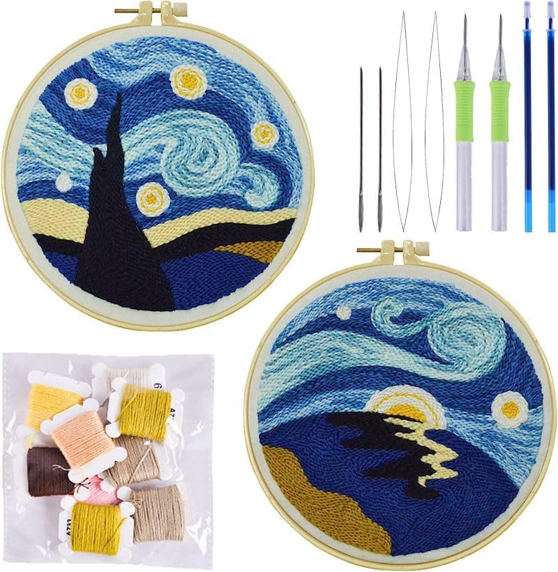 2 Pack Easy Galaxy Sky Night Punch Needle Embroidery Starter Kits for Kids and Adults Beginners with Punch Needle Tool,Threader, Stamped Fabric Embroidery,Hoop,Pen, Punch Needle Kits
