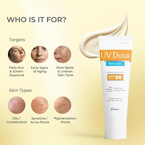 UV Doux Blue light Sunscreen Gel SPF 50 PA+++ | Tinted, Lightweight, Water Resistant | Matt Finish | UVA/UVB & Blue Light Protection | For Oily, Sensitive & Acne-Prone Skin | For Men & Women 50g Pack2