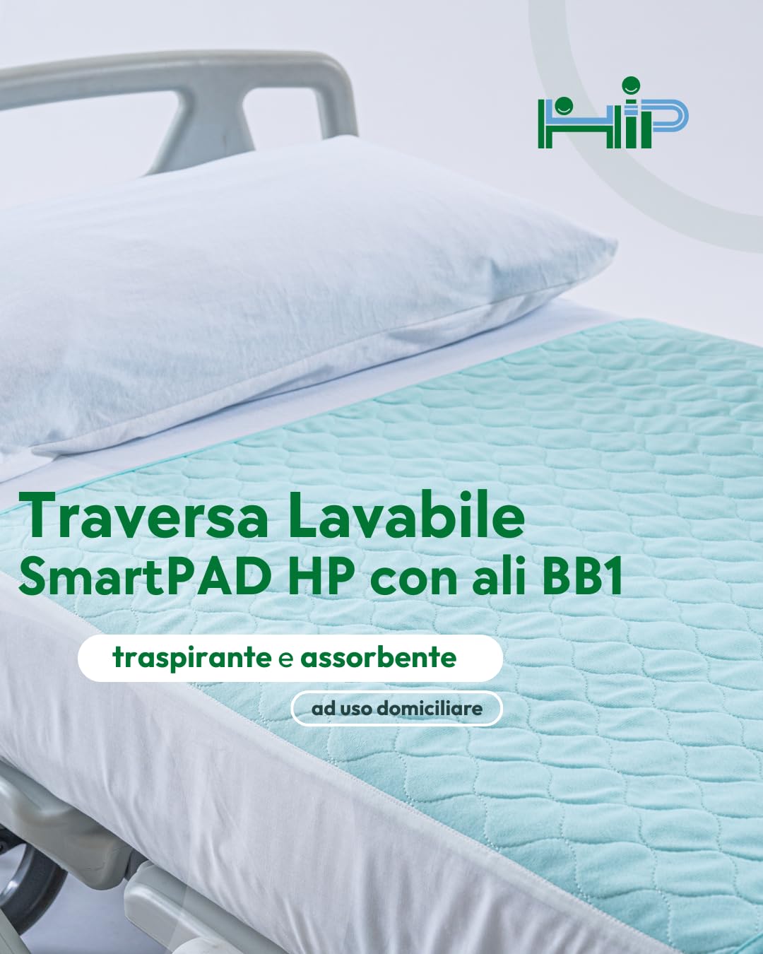 HIP Smart Pad con ali, Traversa Letto Lavabile e Impermeabile, Traspirante, Ad Alta Assorbenza, Antidecubito, Lungodegenza, Resistente, Sostenibile, Senza PVC, Senza Latex, 90x75 cm
