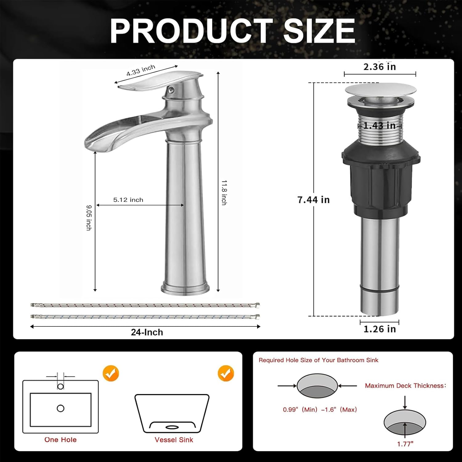 Diagram showing dimensions of RUITHOE faucet and pop-up drain, along with required sink hole size and deck thickness.