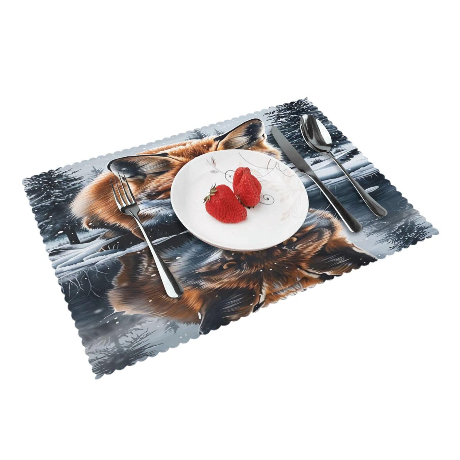 Fox Reflection Winter Placemats Set of 4 Print Table Mats Place Mats Table Decor for Kitchen Dining 12X18 in