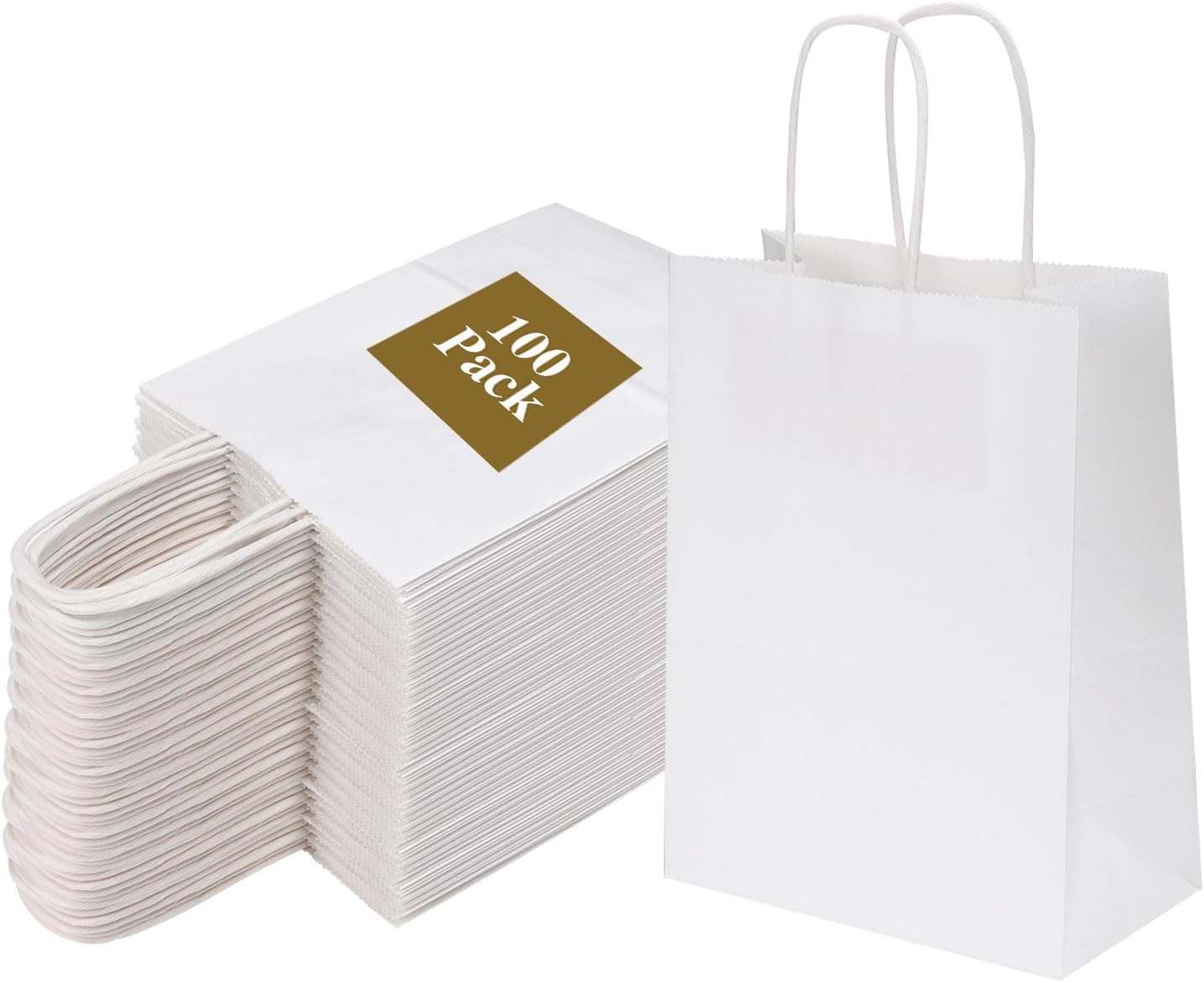Joybe 100 Pack 5.95x3.25x8 Inch Small White Paper Bags with Handles Bulk, Kraft Paper Gift Bags for Birthday Party Favors Grocery Retail Shopping Business Goody Merchandise Craft Blank Sacks (100pcs)