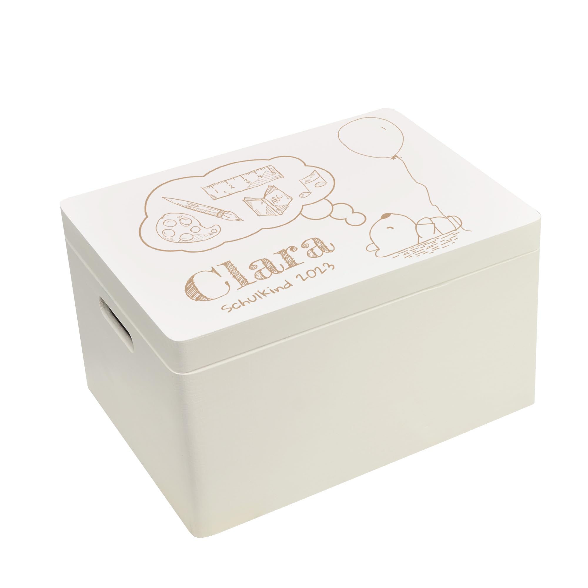 Holzbox Personalisiert zur Einschulung 40x30x23cm Weiß Aufbewahrungsbox